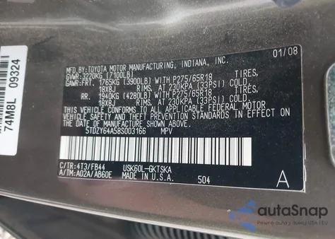 2008 Toyota Sequoia Sr5 5.7L V8 из США, поврежденный, VIN 5TDZY64A58S003166